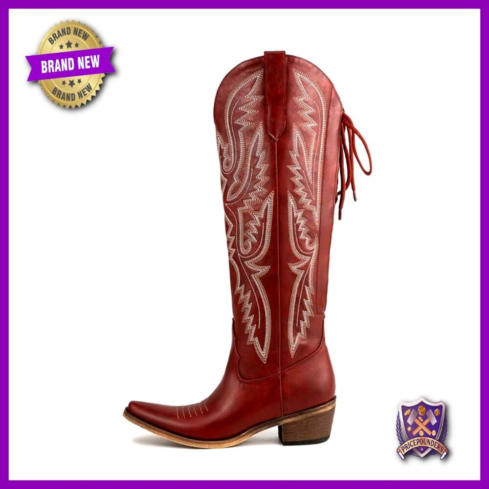 Knee High Western Cowgirl Boots Wide Calf Lace Up Embroidered Chunky Heel